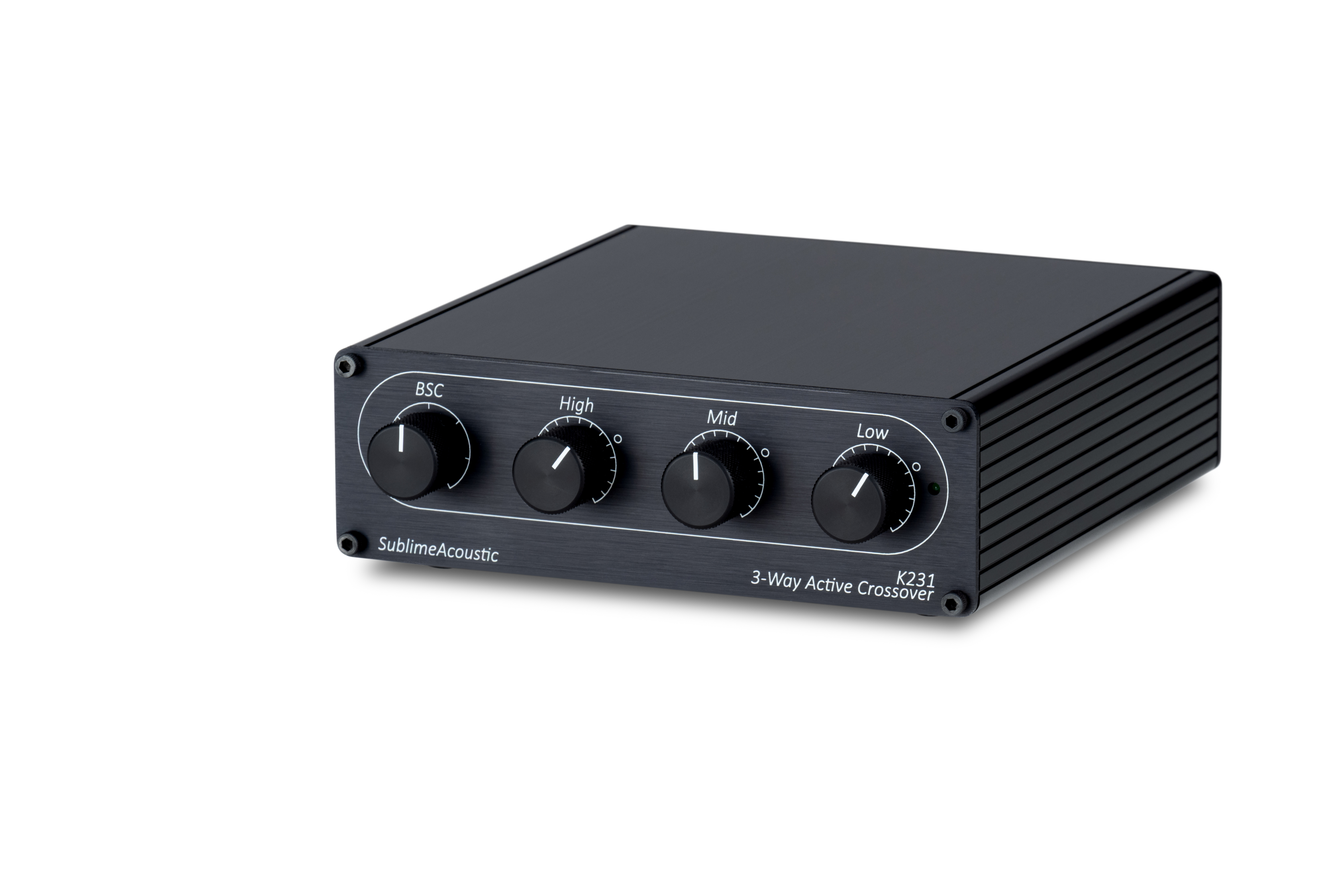 Black audio crossover with four knobs on a white background